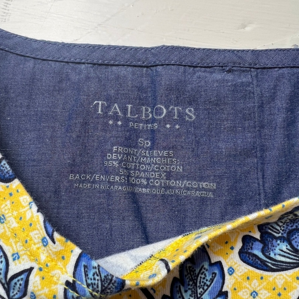 Talbots Petites Women's SP Yellow Blue Floral Top Preppy Classic - Picture 5 of 7